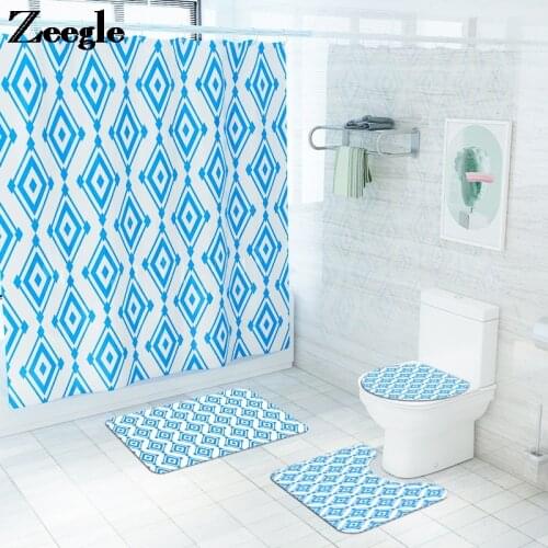 Home Decor Toilet Mat Color Grid Pattern Shower Curtain and Flannel Bath Mat Set Anti-slip U-Shaped Toilet Rug Foot Mats