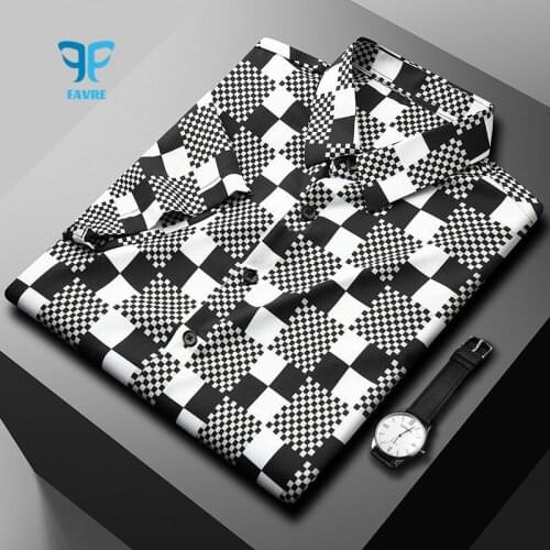 FAVRE Men Dress Shirts lattice Social Office Business Collared Shirt Casual Plaid Work Clothes