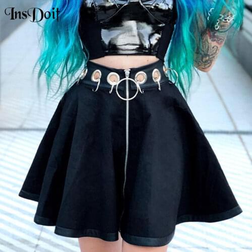 InsDoit Punk Harajuku Black Pleated Skirt Gothic Metal Ring Patchwork A Line Skirt Women Sexy Streetwear High Waist Mini Skirts