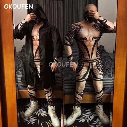 Halloween Costume Sexy 3d Print Fake Muscle Tattoo Jumpsuit Bar Nightclub Male Singer Black Cloak Stage DS Theme Costume