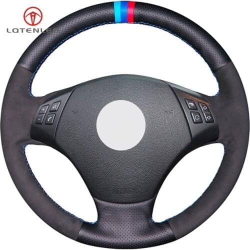 LQTENLEO Black Genuine Leather Suede DIY Hand Car Steering Wheel Cover for BMW E90 E91 320 318i 320i 325i 330i 320d 328xi X1 E84