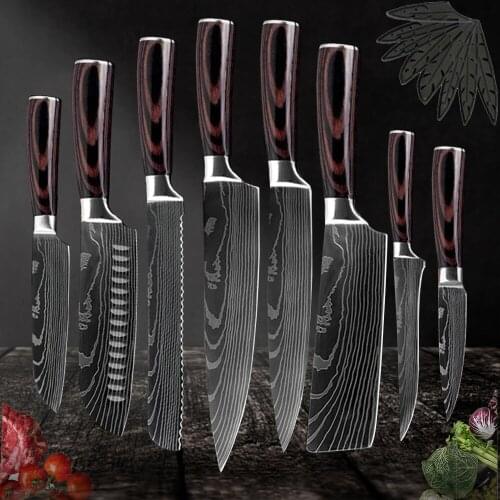 Kitchen Knife 8 Pcs Set Chef knife Japanese 7CR17 Stainless Steel Damascus Drawing Meat Cleaver Slicer Santoku Cook Tool