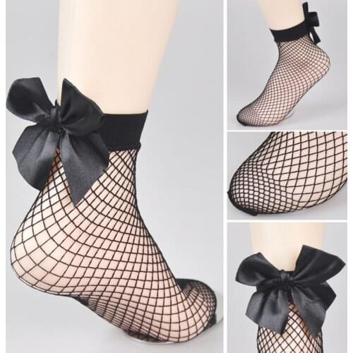 New Bow Knot Fishnet Socks Streetwear Girls Bow Socks Womens Harajuku Black Breathable Sexy Hollow Out Mesh Nets Socks Ladies