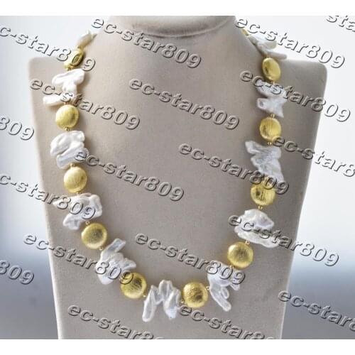 Z11235 19" 22mm White Baroque Double Biwa Pearl Gold-Plating Coin Necklace Woman Fashion Jewelry