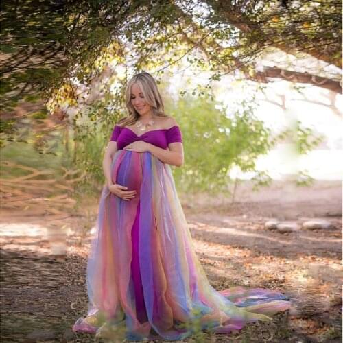 Rainbow Mesh Maternity Dress Long Pregnancy Dress Photo Shooting Pregnant Women Maxi Gown Photography Props Baby Shower Clothes