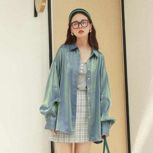 Loose Bright Shirts For Women Long Sleeve Single Breasted Turn-down Collar Solid Blouses Fall Summer Tops Chemise Femme T030