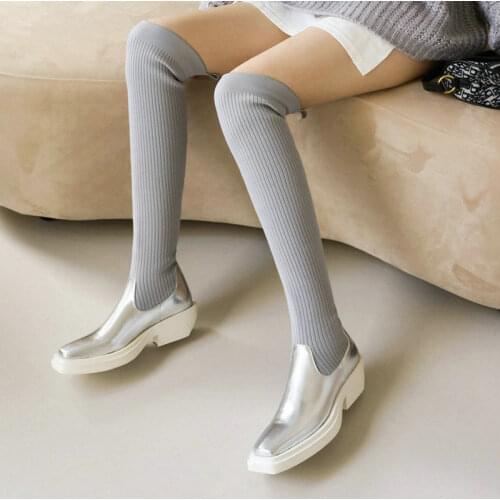 2021 Ladies Spring Autumn Stretch Over-The-Knee Boots Slip On Slim Stitching Long Boots Winter Square High-Heel Womens Shoes