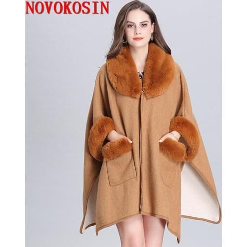 SC314 2019 Women Faux Fox Fur Collar Cardigan Winter Warm Thick Batwing Sleeves Cloak Plus Size Ladies Open Stitch Loose Coat