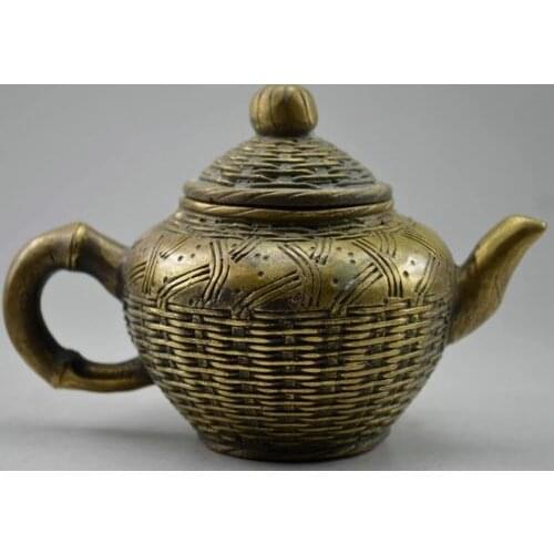 Elaborate Chinese Collectible Decorated Old Handwork Copper Carved Bamboo Basket Statue Tea Pot