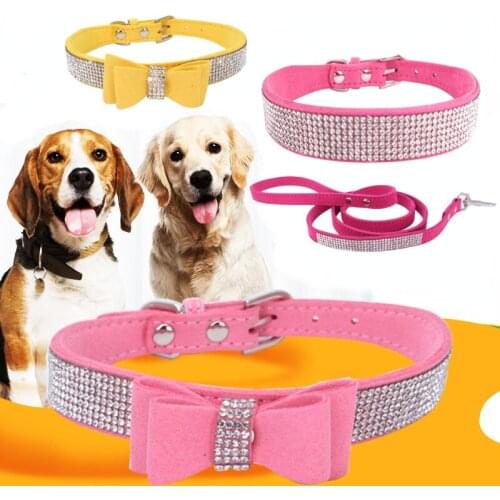 Rhinestone Bowknot Suede Dog Collar Leash Set Bling Adjustable Leather Shiny Soft Small Medium Pet Cat Chihuahua Yorkshire Teddy