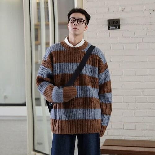 Striped Knitted Sweater For Men Trendy Loose O-neck Long Sleeve Pullover Thick-line Sweaters Contrast Top Male Clothing Winter