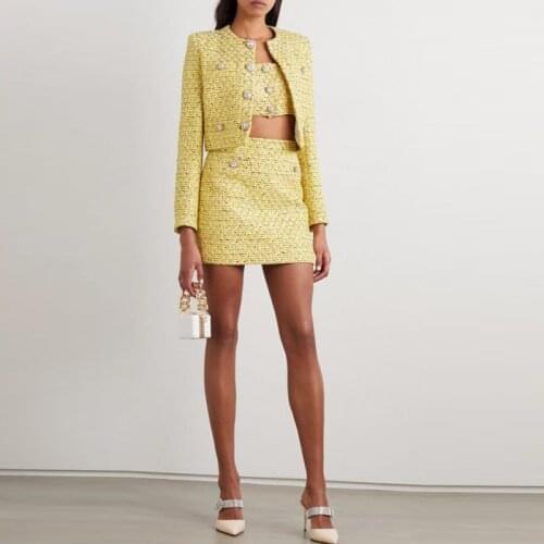 HIGH QUALITY Newest Fashion 2021 Runway suit set Womens O-Neck Sequined Striped Diamonds Buttons Camis Jacket Skirt 3pcs Set