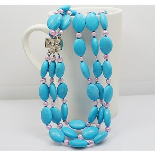 Blue turquoise real pearl jewelry,3rows pink freshwater pearl turquoise necklace rhinestone clasp birthday gift for women
