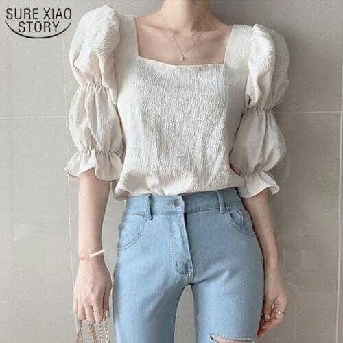French Chic Sweet Women Solid Tops 2021 Summer Blouse Square Collar Shirring Bubble Sleeve Blouse Elegant Shirt Blusas 13824