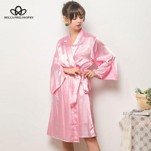 Bella philosophy Women Silk Satin Night Robe ladies Sleepwear Solid Dress Fashion Bath Robe female Sexy Bathrobe Nightwear