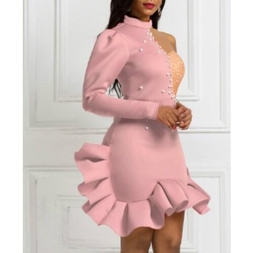 Women Party Pink Dress Ruffle One Shoulder Patchwork Bead Sexy Evening Wedding Red Bodycon Short Elegant Female Clothing Vestido