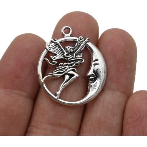 10PCS Silver Plated Moon Angel Charm Pendants for Jewelry Making Bracelet DIY Accessories 26mm
