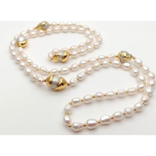 42" White Baroque Pearl Gold color Plated Keshi Pearl connector long Necklace sweater chain necklace for women