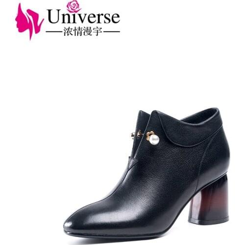 Universe String Pearl Genuine Cow Leather Ankle Boots Women Winter Warm Short Plush Lined Shoes Black 7cm/2.76" Round Heels H286