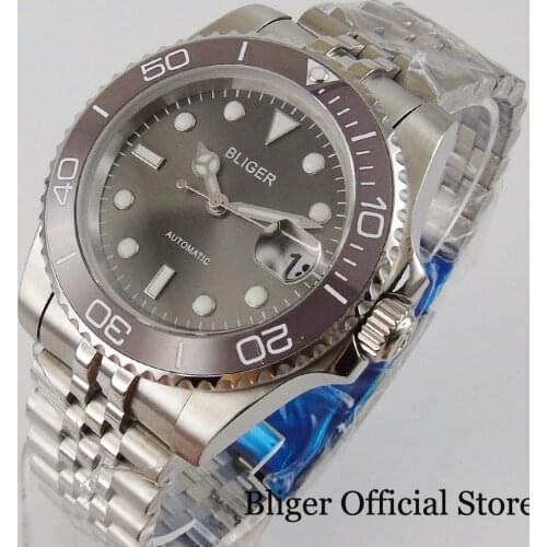 BLIGER Brand Grey Self Winding Men Watch Sapphire Glass NH35 MIYOTA 8215 Movement Ceramci Bezel Insert
