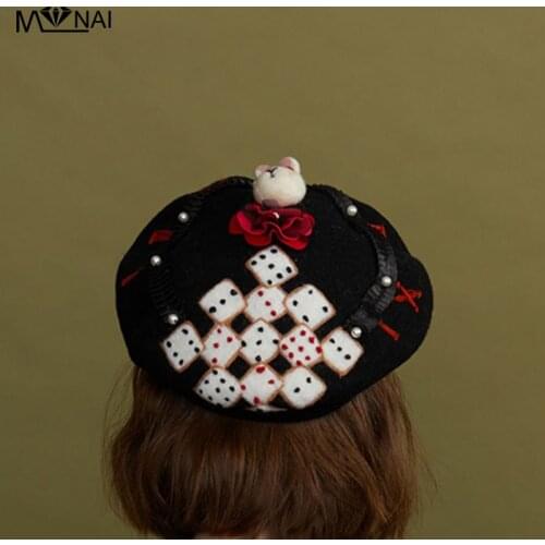 Hats Cosplay Creative Dice Wool Felt Beret Halloween Novelty Handmade Gothic Rabbit Pattern Painter Hat Vintage Fashion Party