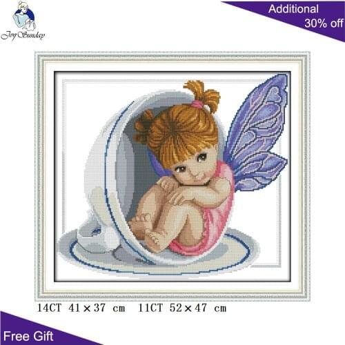 Joy Sunday Cute Girl Cross Stitch R709 14CT 11CT Counted and Stamped Home Decoration A Little Angel in the Cup Cross Stitch kits