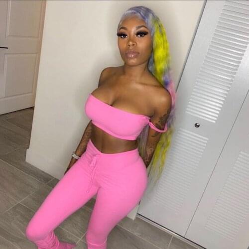 Off Shoulder Sexy Bodycon Matching Sets Women Sleeveless Club Party Two Piece Outfits Bodycon Top And Stacked Pants Set