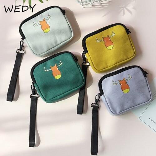 Deer Print Wrist Coin Purse Small Square Wallet Women Portable Change Purse Mini Coin Pouch Solid Color Canvas Little Wrist Bag