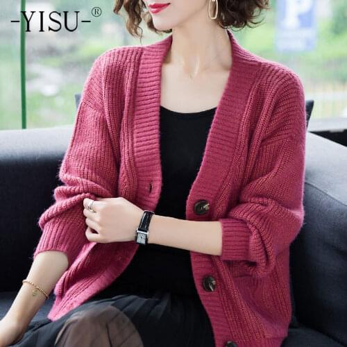 YISU Fashion Spring Autumn Cardigan Women Winter Long Sleeve V Neck Knitted Sweater Solid Casual Knitwear Short Coat Cardigan