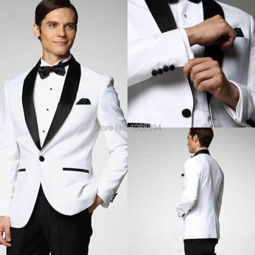 2018 Men Wedding Tuxedos White Jacket Black Lapel Wedding Suits For Men Custom Best Man Suit Groom Tuxedo (Jacket+Pants+Bow)