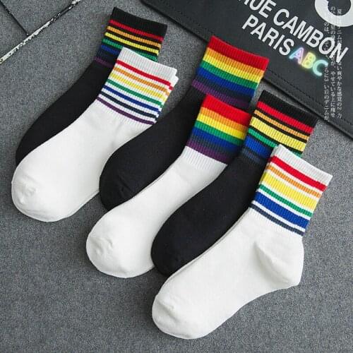 3pairs New Winter Womens Socks Cotton Rainbow Stripes Socks Christmas Fashion Warm Christmas Casual Tide Harajuku Korean Socks