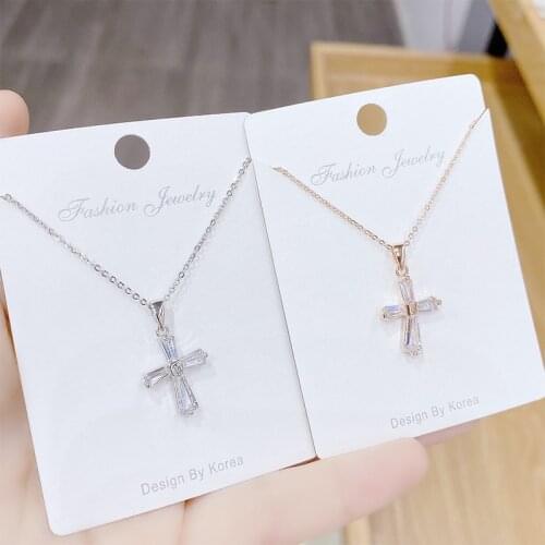 Trendy Simple Sweet Shiny Geometric Zircon Cross Pendant Necklace for Women Temperament Elegant Jewelry Gifts Clavicle Chain