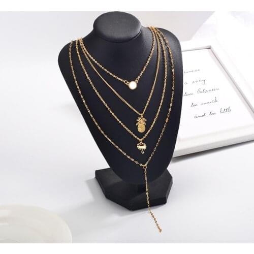 Simple Fruits Pineapple Coconut Tree Beads Tassel Four Layers Chain Golden Alloy Choker Necklace for Women