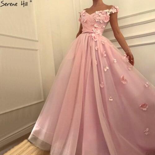 Pink Off Shoulder Beach Sexy Evening Dresses Pearls Handmade Flowers Tulle Evening Gowns 2020 Serene Hill LA60815