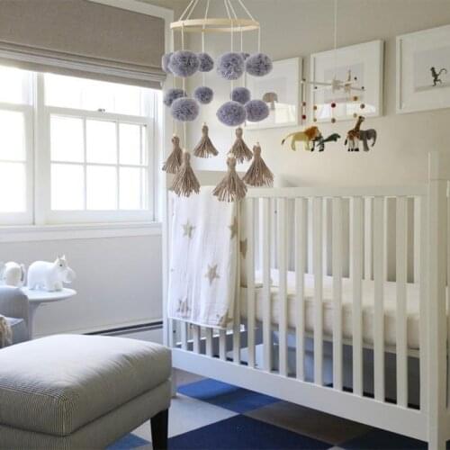 28EC Nordic Baby Crib Wooden Mobile Rattle Colorful Pom Pom Plush Ball Tassels Wind Chimes Hanging Toy Nursery Room Decor
