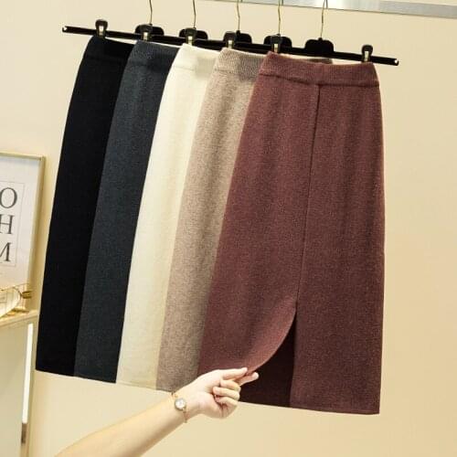 Knit Skirts For Women Autumn Winter 2021 Office Lady High Waist Split Black Elegant Midi Skirt Wrap Hip Bottoms Faldas
