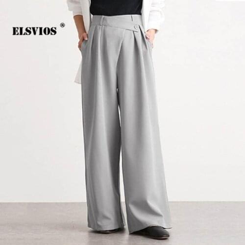 Ladies Fashion High Waist Autumn Wide Leg Pants Casual Solid Color Buttons Loose Irregular Trousers Elegant Office Lady Pants