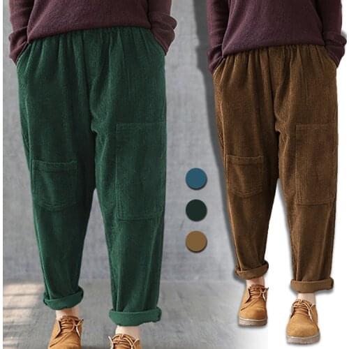 Womens Autumn Korean Style All-match Simple Trendy Elastic Waist Corduroy Pants Winter Casual Loose Baggy Harem Trousers