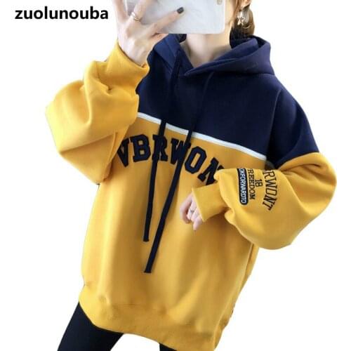 2020 Autumn And Winter New Plus Velvet Thick Ladies Hooded Korean Version Loose Wild Casual Letters Drawstring Pocket Women Tops