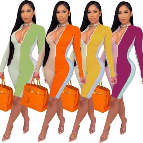Zoctuo Color Patchwork Jumpsuit For Women Deep V Neck Front Zipper Slim Rompers Casual Long Sleeve Short Jumpsuits For Women