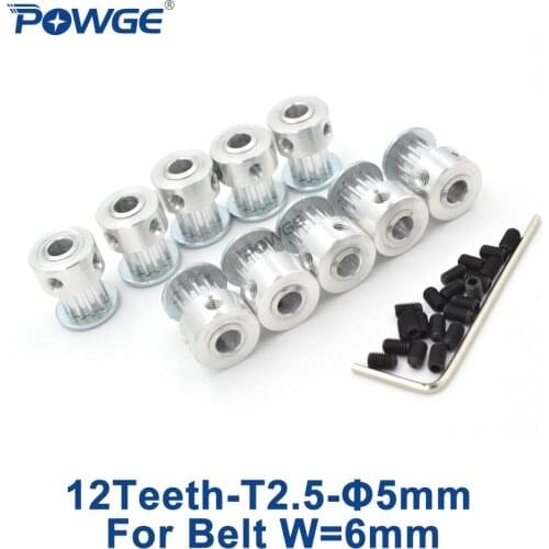 POWGE 10pcs 12 Teeth Trapezoid T2.5 Timing Pulley Bore 5mm Aluminum for width 6mm T2.5 Synchronous Belt T2.5 Pulley 12T 12Teeth