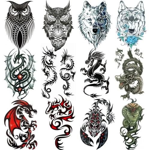 3D Totem Temporary Tattoo Sticker For Men Adult Kids Owl Wolf Dragon Sorpion Snake Realistic Fake Tattoos High Quality Tatoos