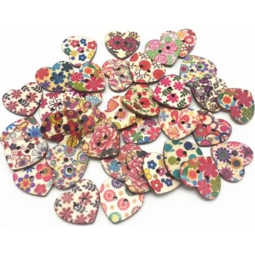 50pcs 25x22mm Natural Flowers Florals Mixed Wood Heart Buttons Sewing Scrapbooking Decorative Button Wedding Crafts