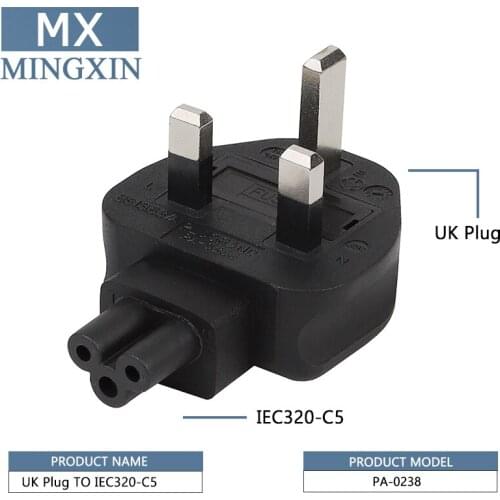 UK 3-Pin Male to IEC 320 C5 AC Power Adapter, UNITED KINGDOM TO IEC320 C5 conversion plug, from PVC Material