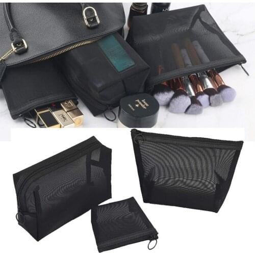 Black Zip Makeup Mesh Bag Women Travel Casual Mesh Cosmetic Bag Makeup Case Organizer Storage Pouch Toiletry Beauty Wash Pouch