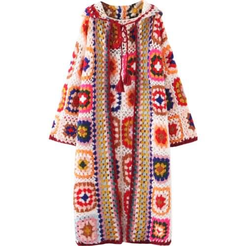 Handmade Crochet Hooded Long Coat Autumn and Winter Color Blocking Knitted Sweater Cardigan Women Plus Size Women Sweaters