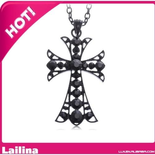 Gothic Vintage Tone Synthetic Jet Black Rhinestone Crystal Cross Pendant Necklace