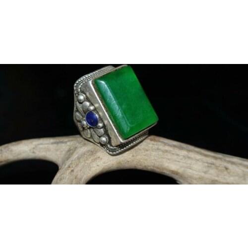 Chinese Old Tibet Silver & Green Jadeite Jade Square Bead Handwork No.7-12 Ring