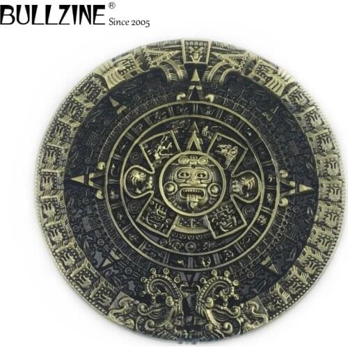 The Bullzine Aztec Calendar Circle belt buckle with antique brass finish FP-03217-1 for 4cm width snap on belt