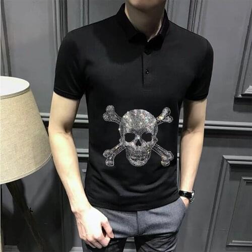 Summer Pure Cotton Fabric Desigh Male Polo Exaggerated Mens New Hot Drilling Shirt Lapel Short-Sleeved Factory Outlet